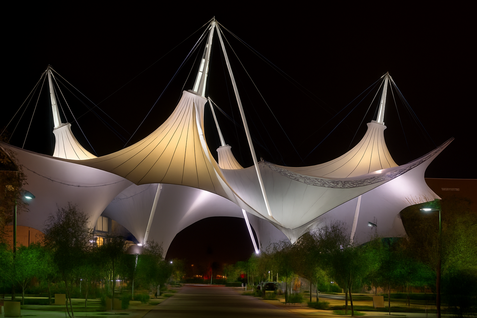 Night-time 3D render of tensile structure